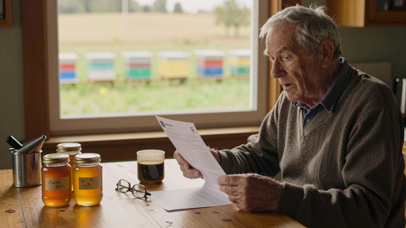 Idoso lendo documento em mesa com potes de mel, óculos e café, com colmeias ao fundo pela janela.