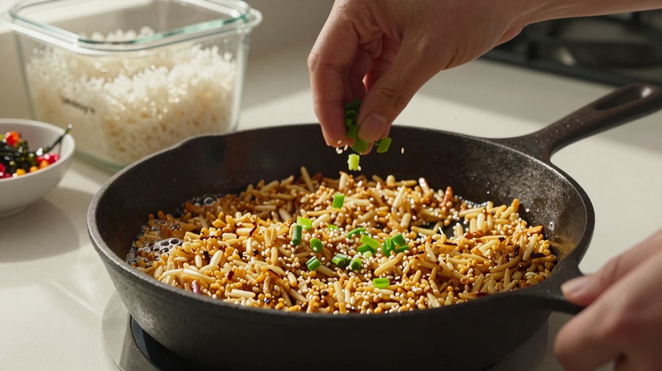Mão salpicando cebolinha em frigideira com arroz tostado e sementes na bancada de cozinha.