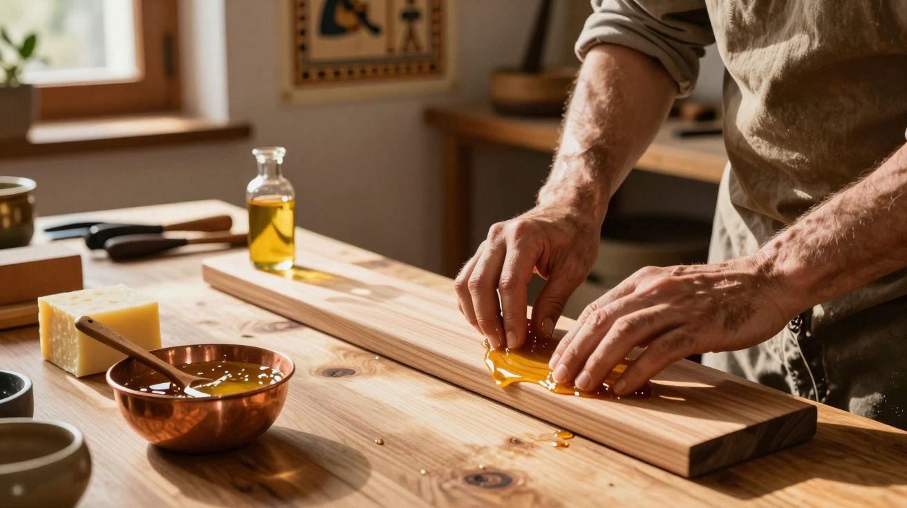 Pessoa aplicando cera amarela em uma tábua de madeira em uma bancada com utensílios ao redor.