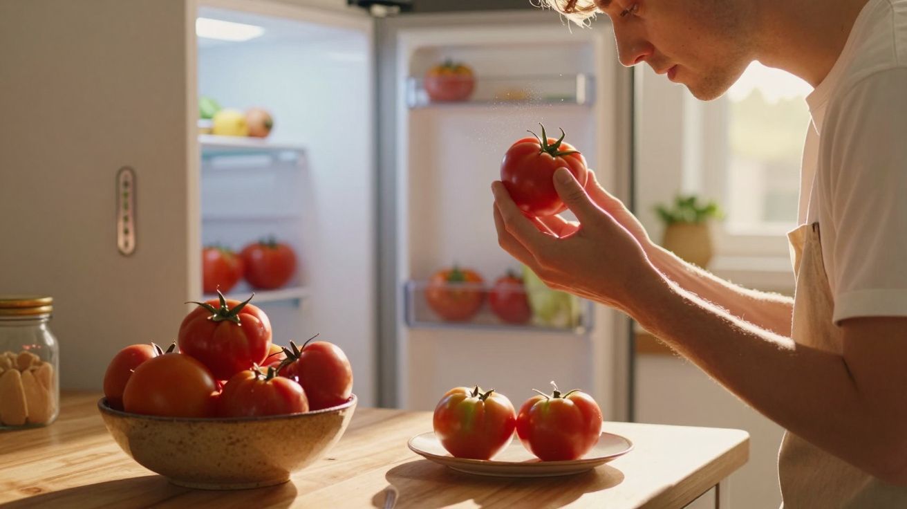 Homem examinando tomate vermelho próximo à geladeira aberta em cozinha iluminada pelo sol.