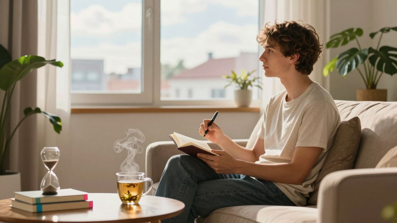 Jovem sentado no sofá escrevendo em caderno, com janela iluminada e xícara de chá fumegante na mesa.
