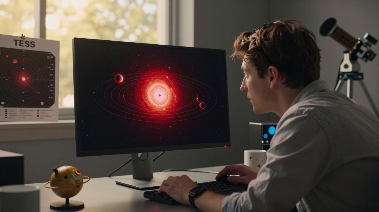 Homem observando imagem do sistema solar com múltiplos planetas em computador na mesa de trabalho.