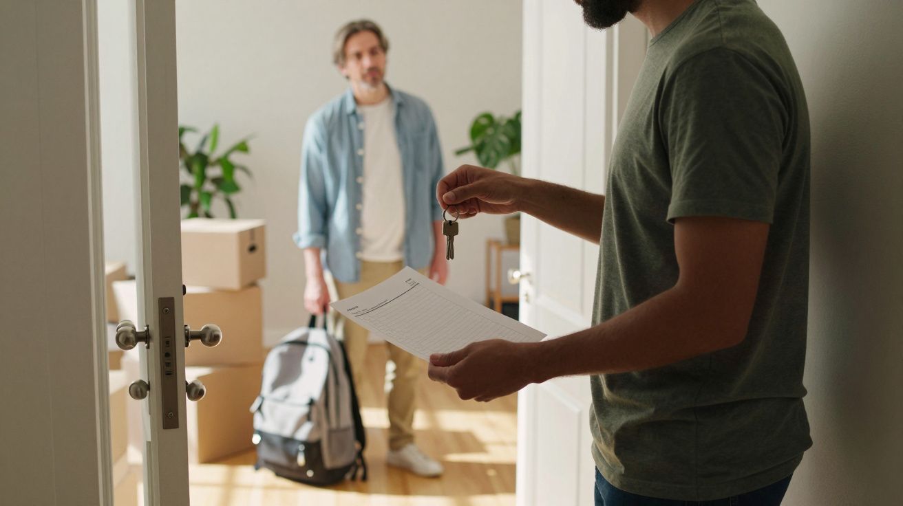Pessoa de camiseta verde entrega chave e contrato para homem com mochila e caixas em apartamento.