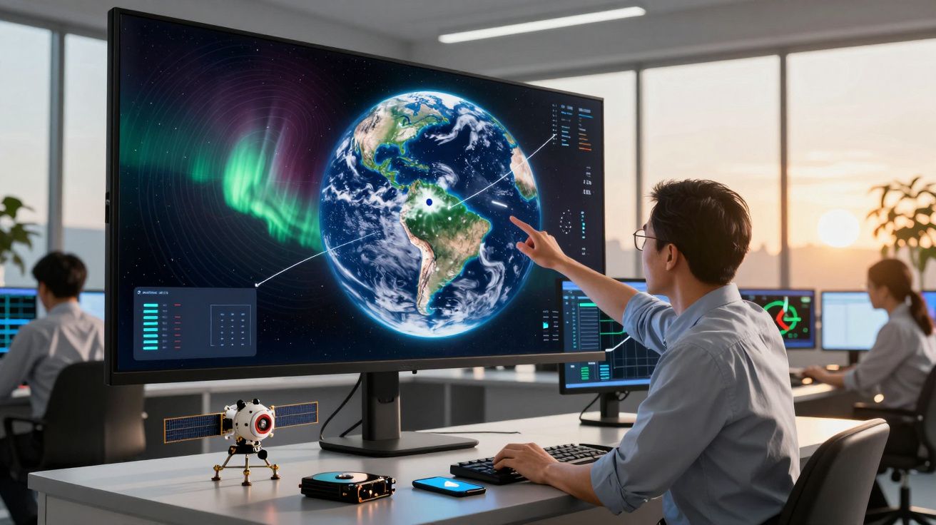 Homem analisando dados do planeta Terra em tela grande em escritório moderno durante o dia.