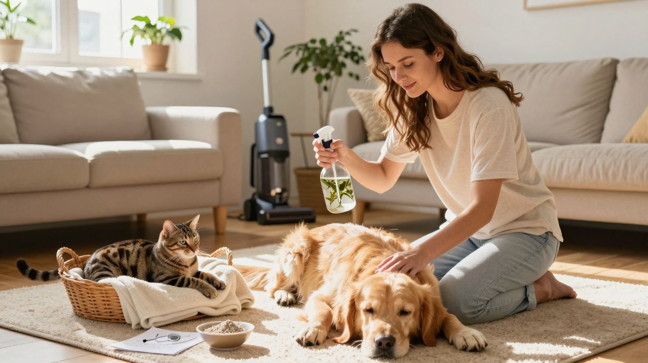 Mulher cuidando de cachorro com borrifador enquanto gato descansa em cesta na sala iluminada.