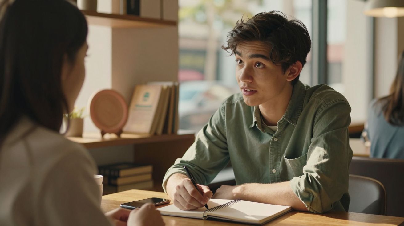 Jovem escrevendo em caderno enquanto conversa com outra pessoa em ambiente de café ou biblioteca.