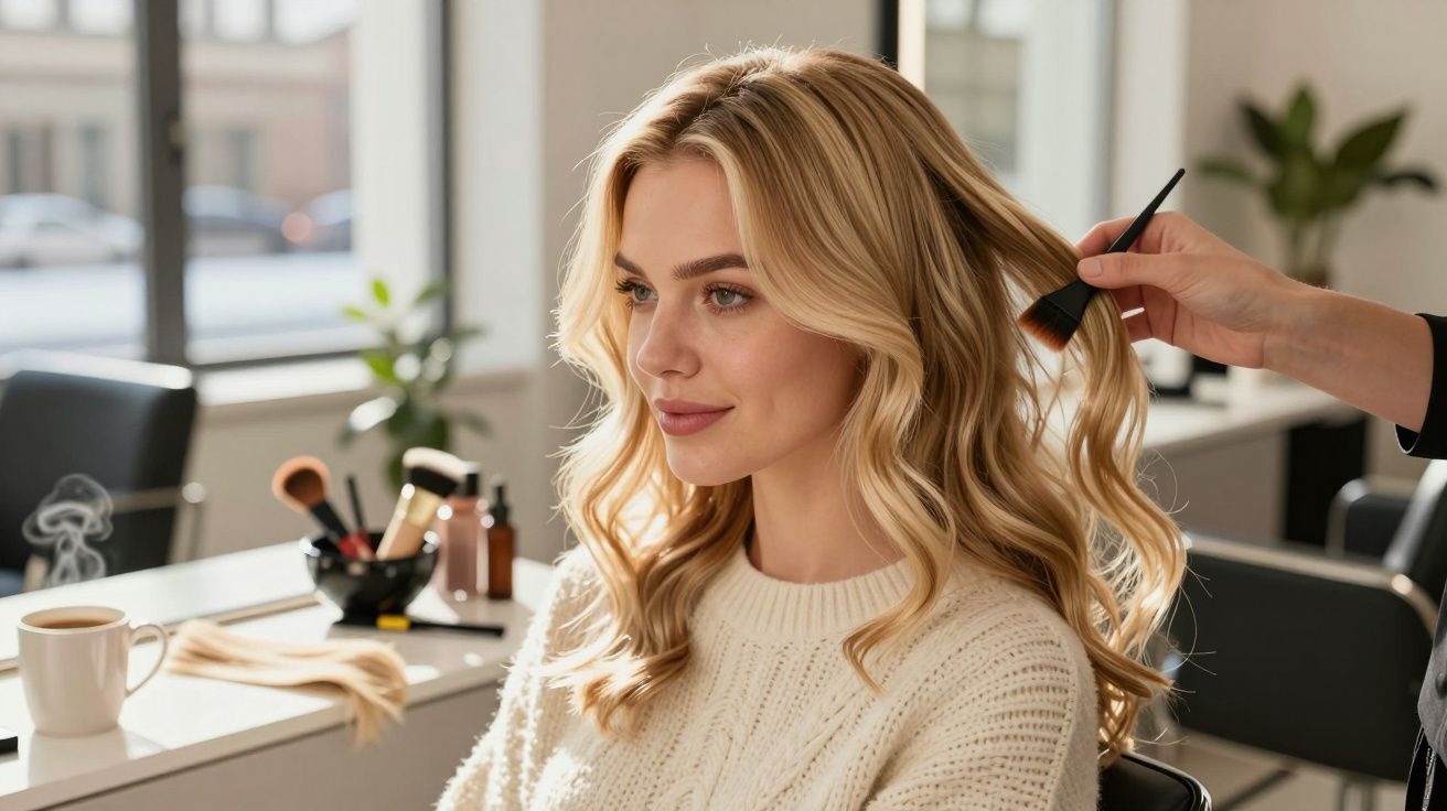 Mulher loira com cabelo ondulado sendo maquiada em salão, vestindo suéter branco de tricô.