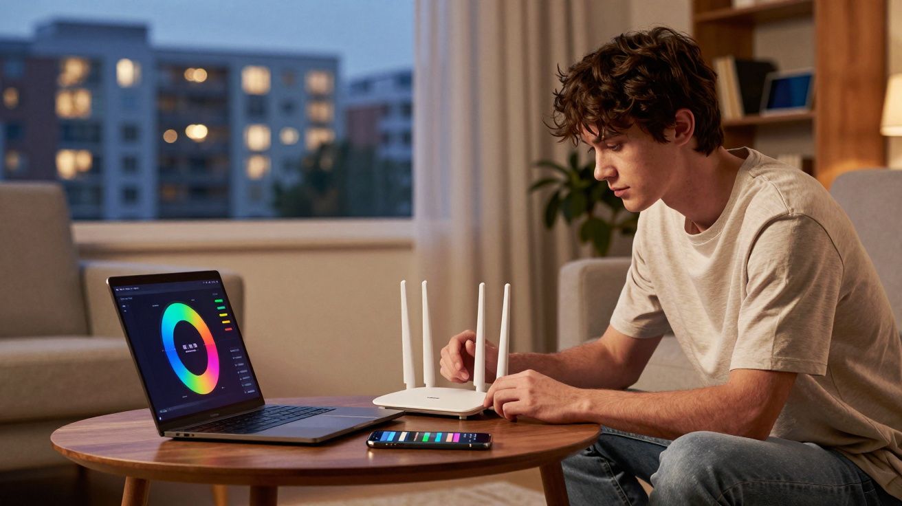 Jovem ajusta roteador em mesa com notebook e celular ao redor, em ambiente interno à noite.