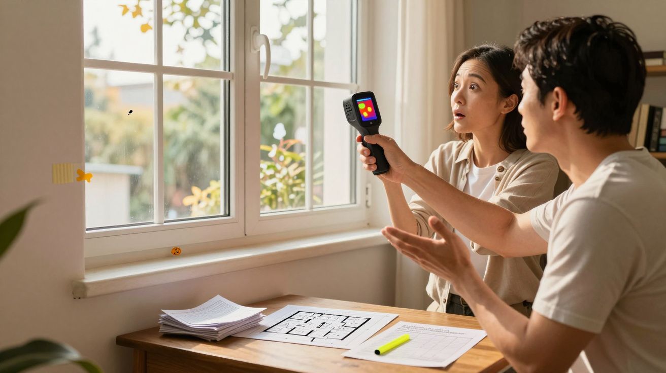 Casal analisando janela com câmera térmica em ambiente interno durante o dia.