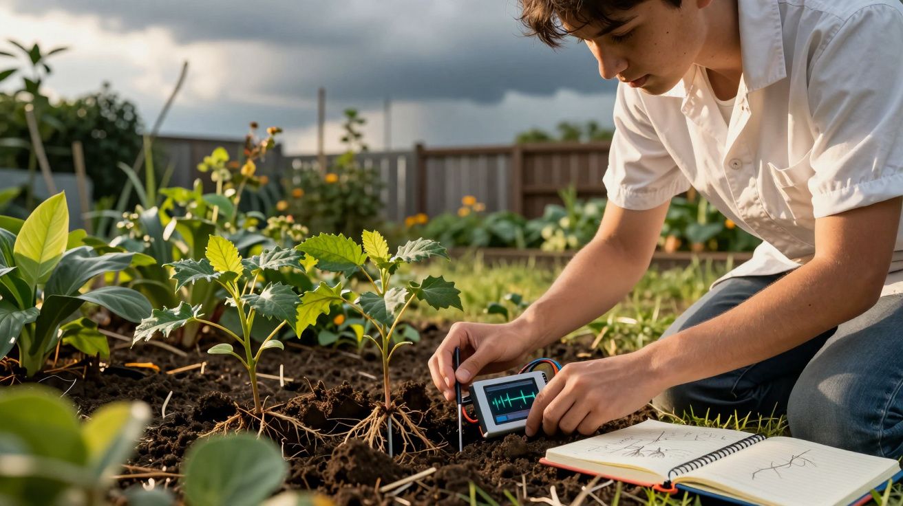 Jovem mede dados do solo em jardim com aparelho eletrônico ao lado de caderno de anotações aberto.