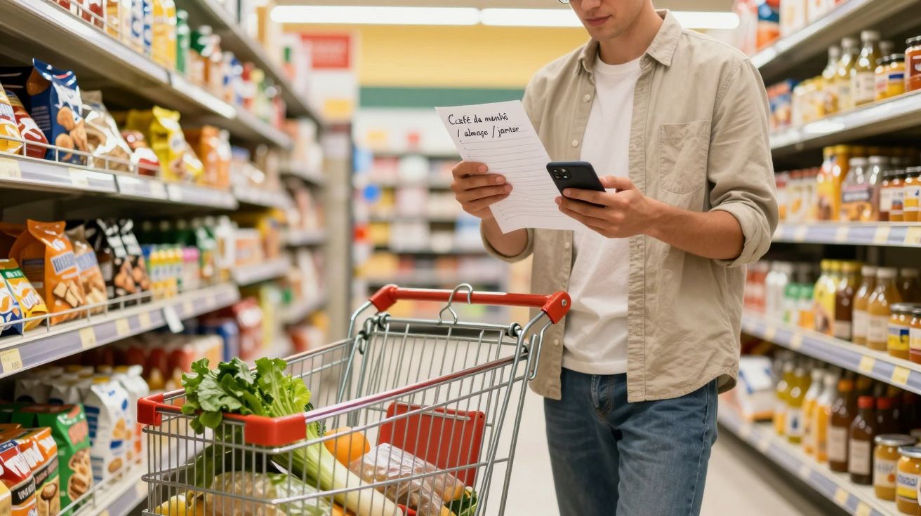 Homem em supermercado segurando lista de compras e celular com carrinho cheio de alimentos variados.