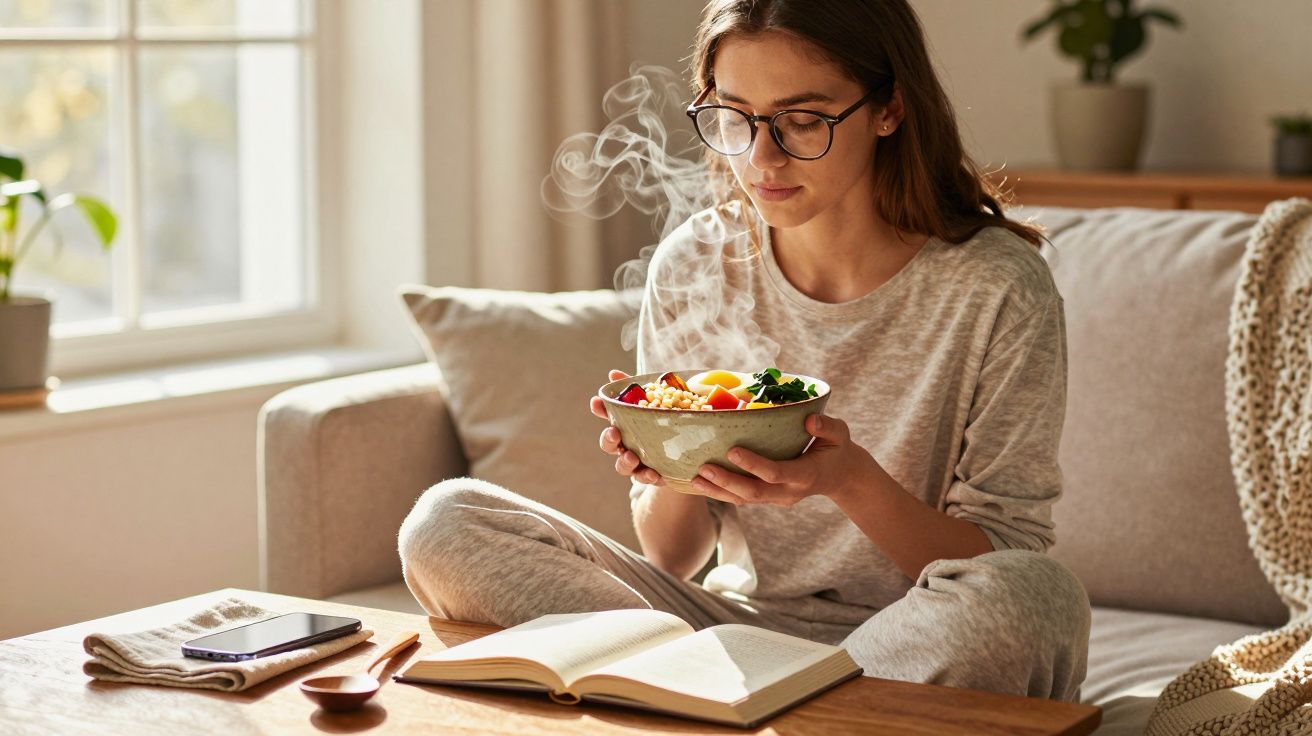 Mulher de óculos sentada no sofá aprecia uma tigela de comida quente enquanto lê um livro à sua frente.