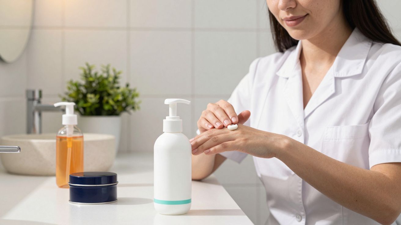 Mulher aplicando creme hidratante nas mãos em bancada com frascos e planta ao fundo.