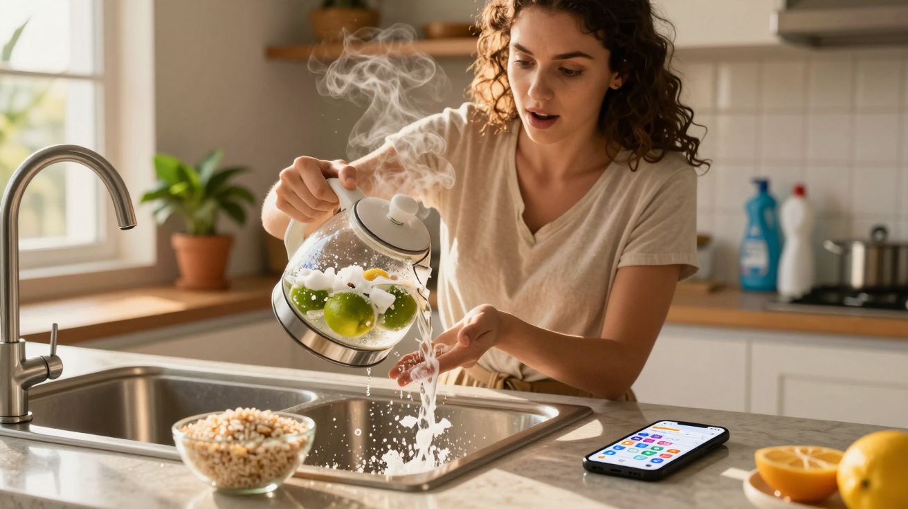 Mulher derramando água quente com limões verdes no tanque da pia na cozinha.