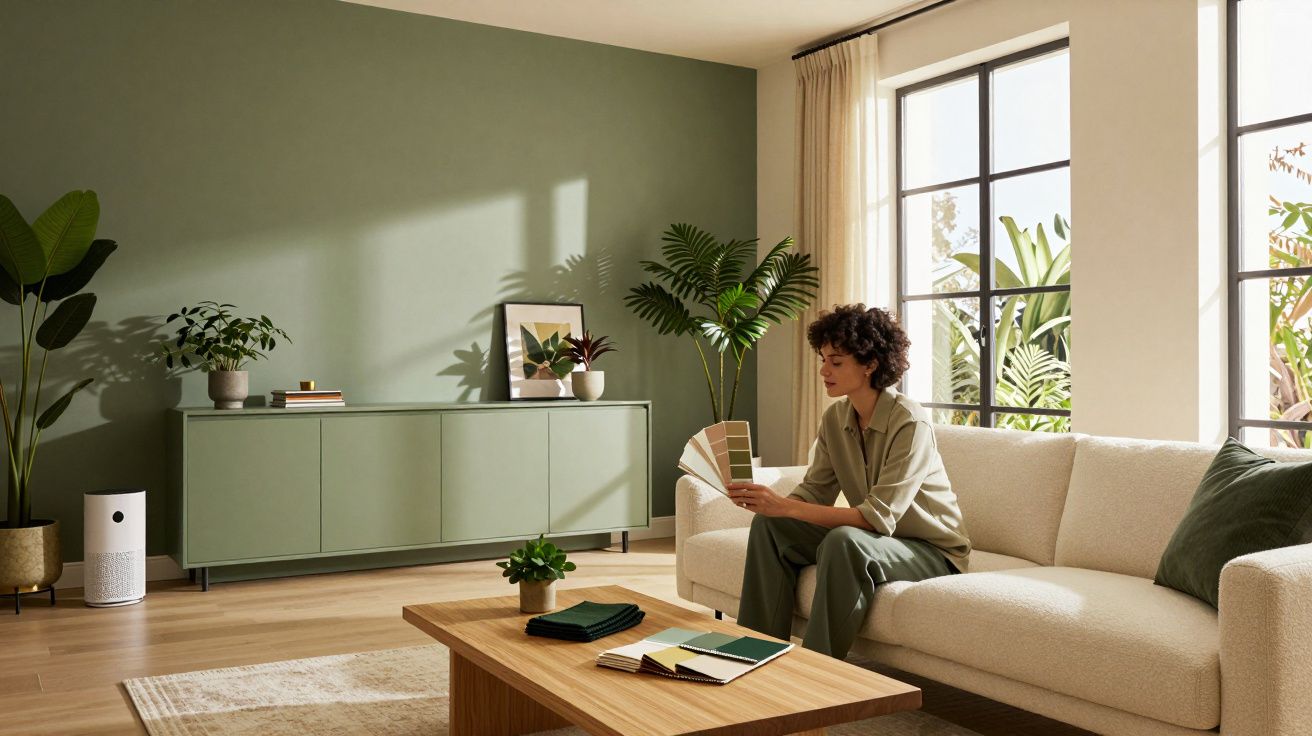 Mulher sentada no sofá de sala moderna, segurando amostras de cores, com plantas e luz natural.