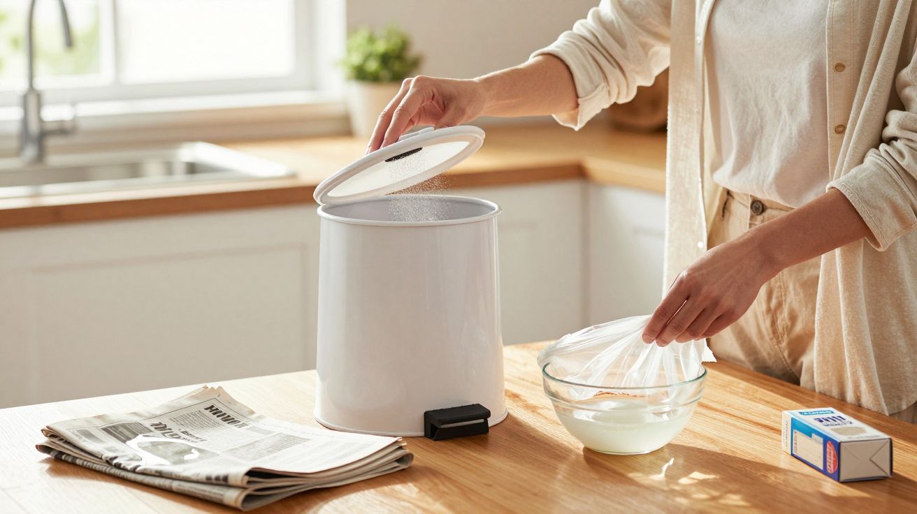 Pessoa abrindo a tampa de uma lixeira branca na cozinha, com jornal e tigela na bancada de madeira.
