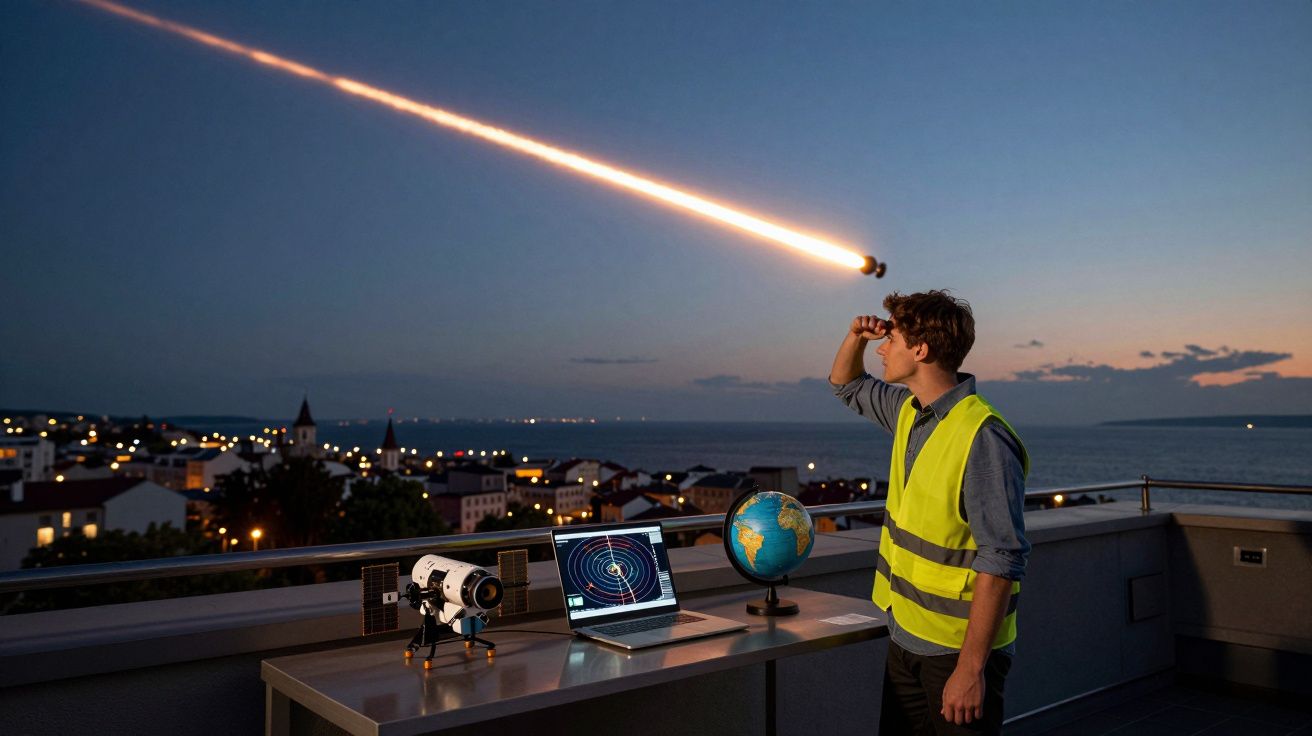 Homem com colete amarelo observa meteorito brilhante passando sobre cidade ao entardecer, em sacada com telescópio e globo.