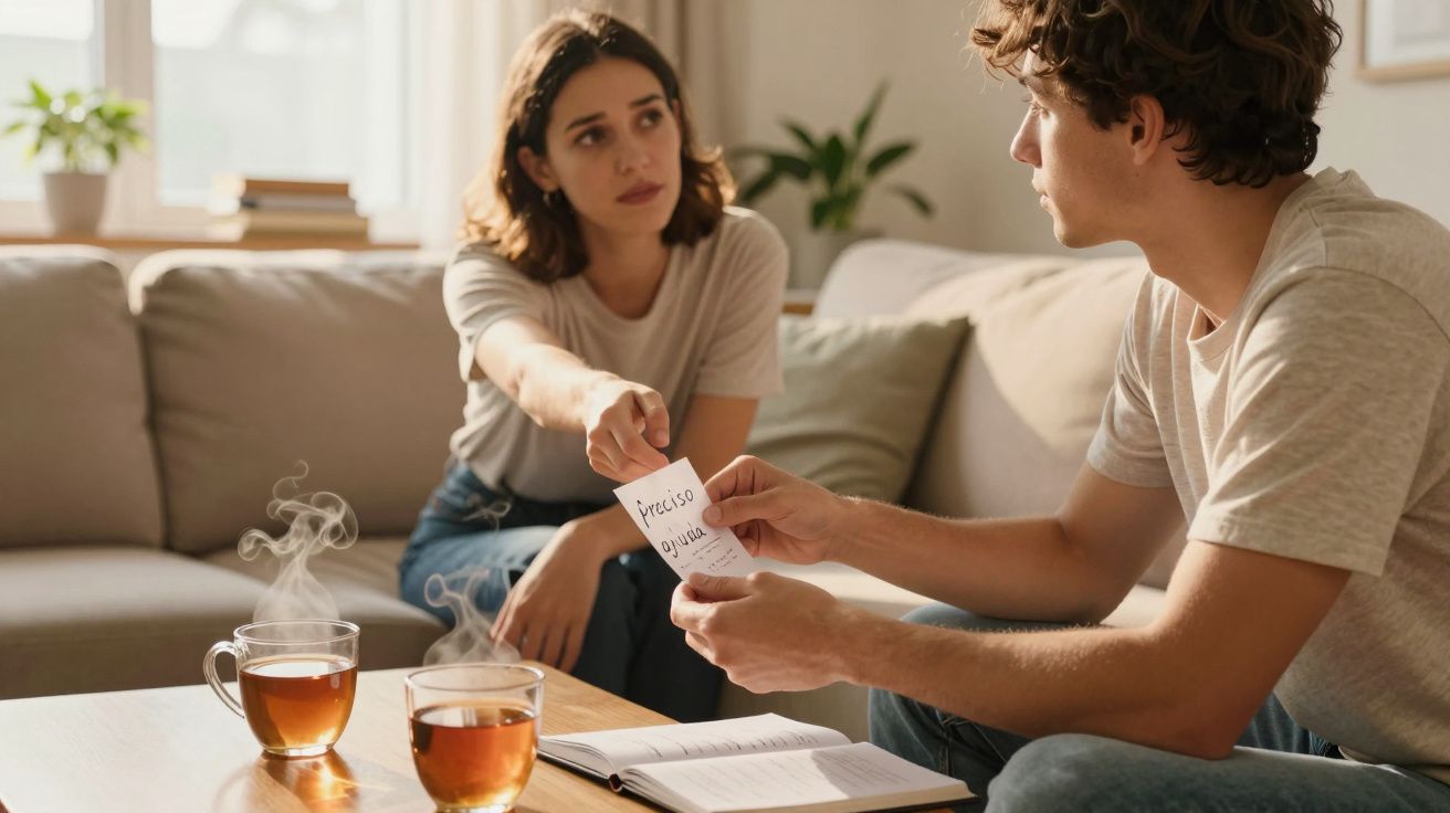 Mulher passando bilhete com “preciso ajuda” para homem, ambos sentados em sofá, com chás na mesa.