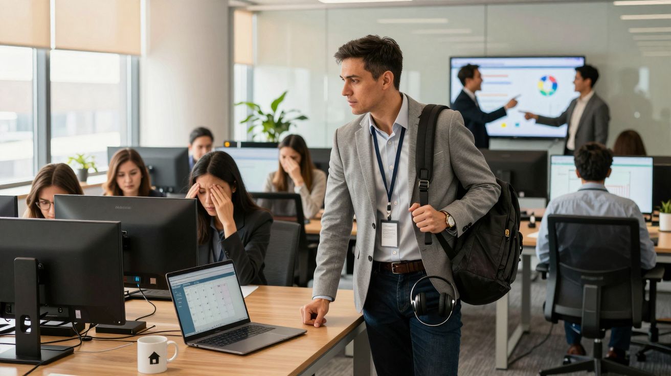 Homem de terno com mochila em escritório moderno com pessoas trabalhando e apresentação ao fundo.