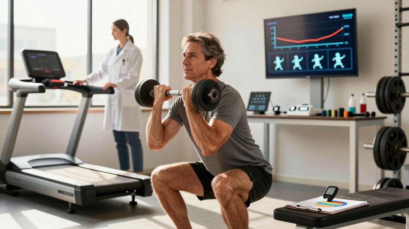 Homem fazendo agachamento com halteres em academia enquanto médica observa e registra dados no computador.