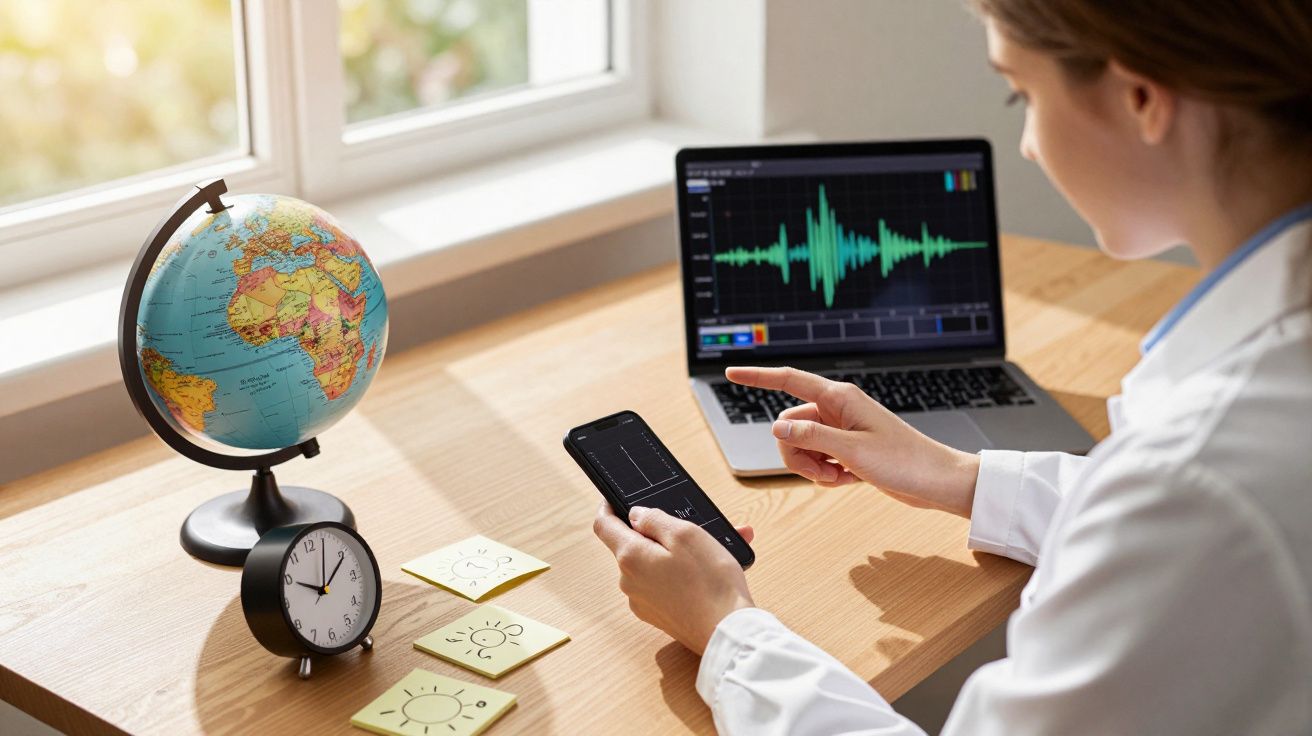 Pessoa usando smartphone e laptop com gráfico de áudio, globo terrestre, relógio e notas em mesa próxima à janela.