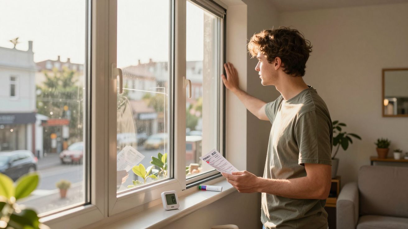 Jovem olhando pela janela segurando papéis em ambiente iluminado e aconchegante.
