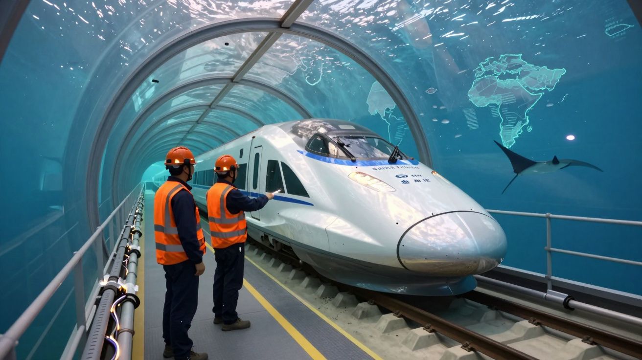 Túnel subaquático com trem de alta velocidade e dois trabalhadores com coletes e capacetes laranjas.