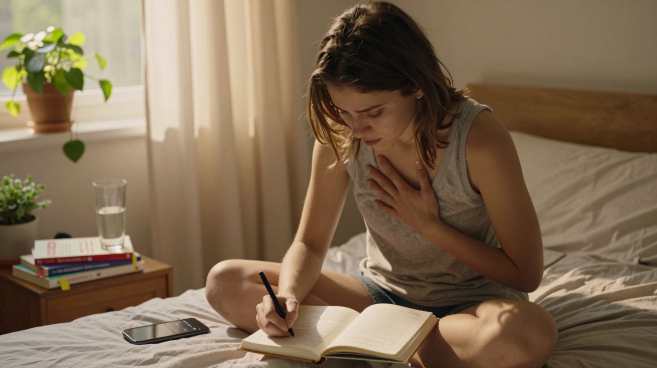 Mulher sentada na cama escrevendo em caderno enquanto segura a mão no peito em quarto iluminado.