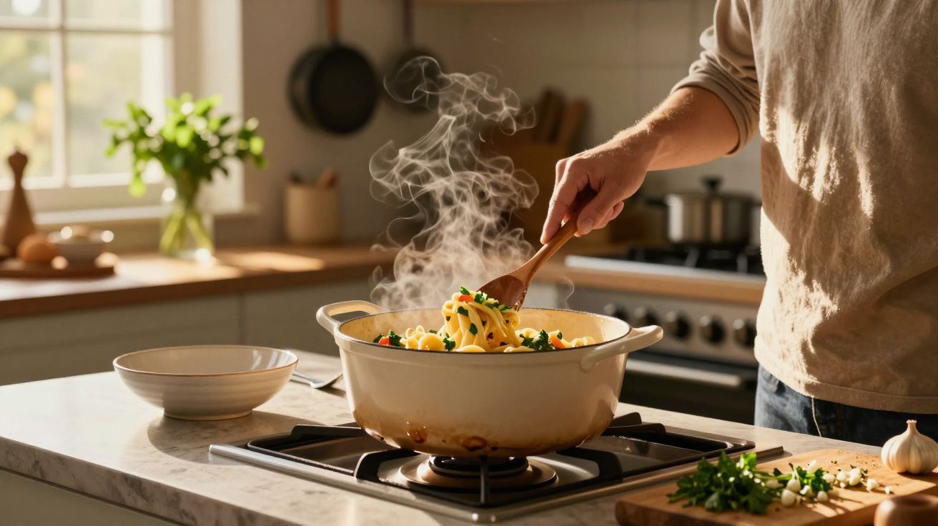 Pessoa mexendo macarrão fumegante em panela branca sobre fogão na cozinha iluminada.