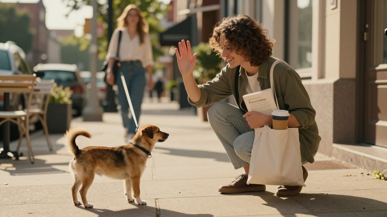 Mulher agachada cumprimenta cachorro na calçada enquanto outra pessoa caminha ao fundo.