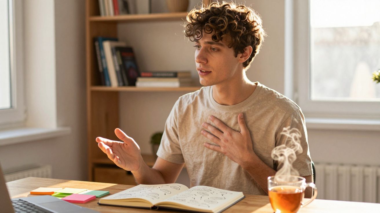 Jovem sentado à mesa com livro aberto e xícara de chá quente, gesticulando durante conversa online.